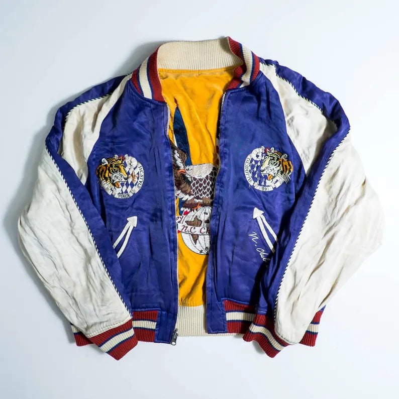 GORGEOUS Vintage Blue Yellow Sukajan Jacket Biker Embroidery | Eagle, Dragon, Angel & Tiger Tattoo Art Reversible Souvenir Bomber Jacket