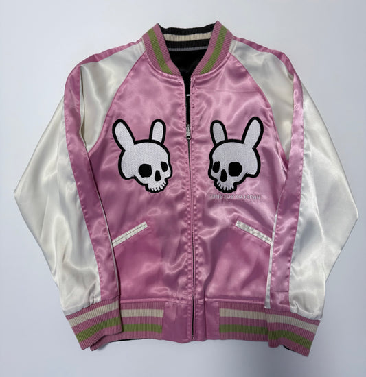 Vintage CUNE Reversible Sukajan Jacket Pink Rabbit Skull Roses Revolver Embroidered Japanese Satin Bomber Free Size