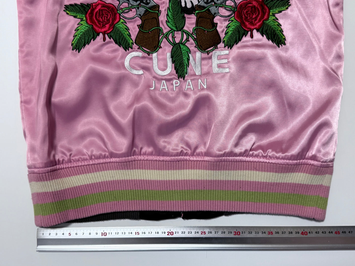 Vintage CUNE Reversible Sukajan Jacket Pink Rabbit Skull Roses Revolver Embroidered Japanese Satin Bomber Free Size