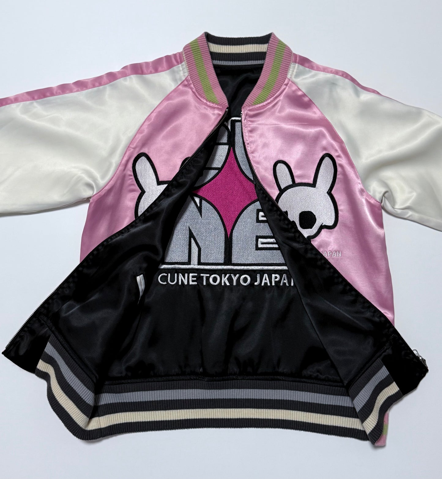 Vintage CUNE Reversible Sukajan Jacket Pink Rabbit Skull Roses Revolver Embroidered Japanese Satin Bomber Free Size
