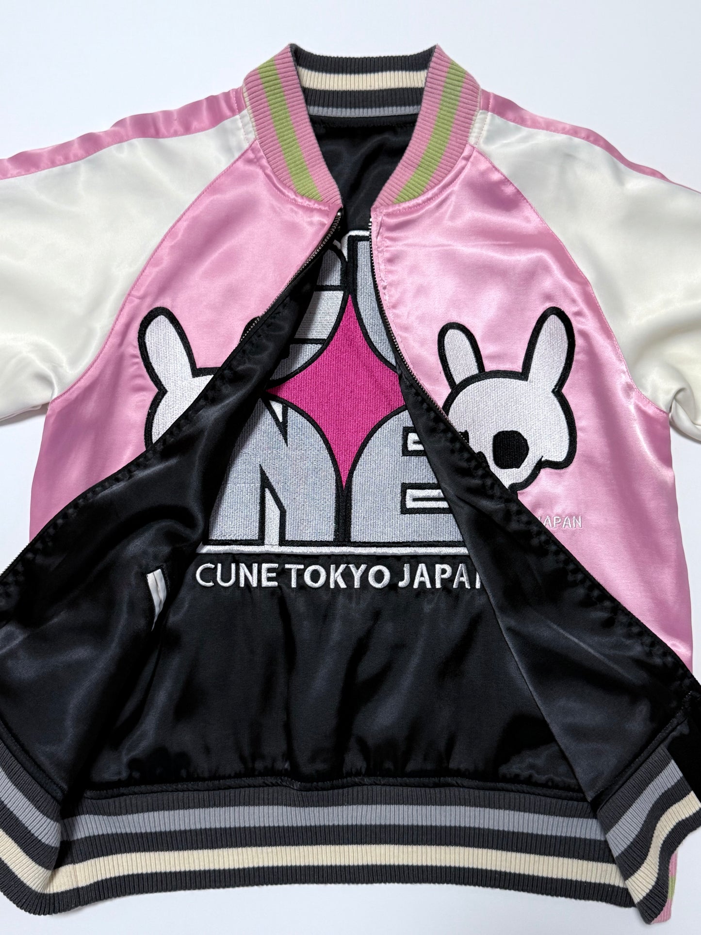 Vintage CUNE Reversible Sukajan Jacket Pink Rabbit Skull Roses Revolver Embroidered Japanese Satin Bomber Free Size