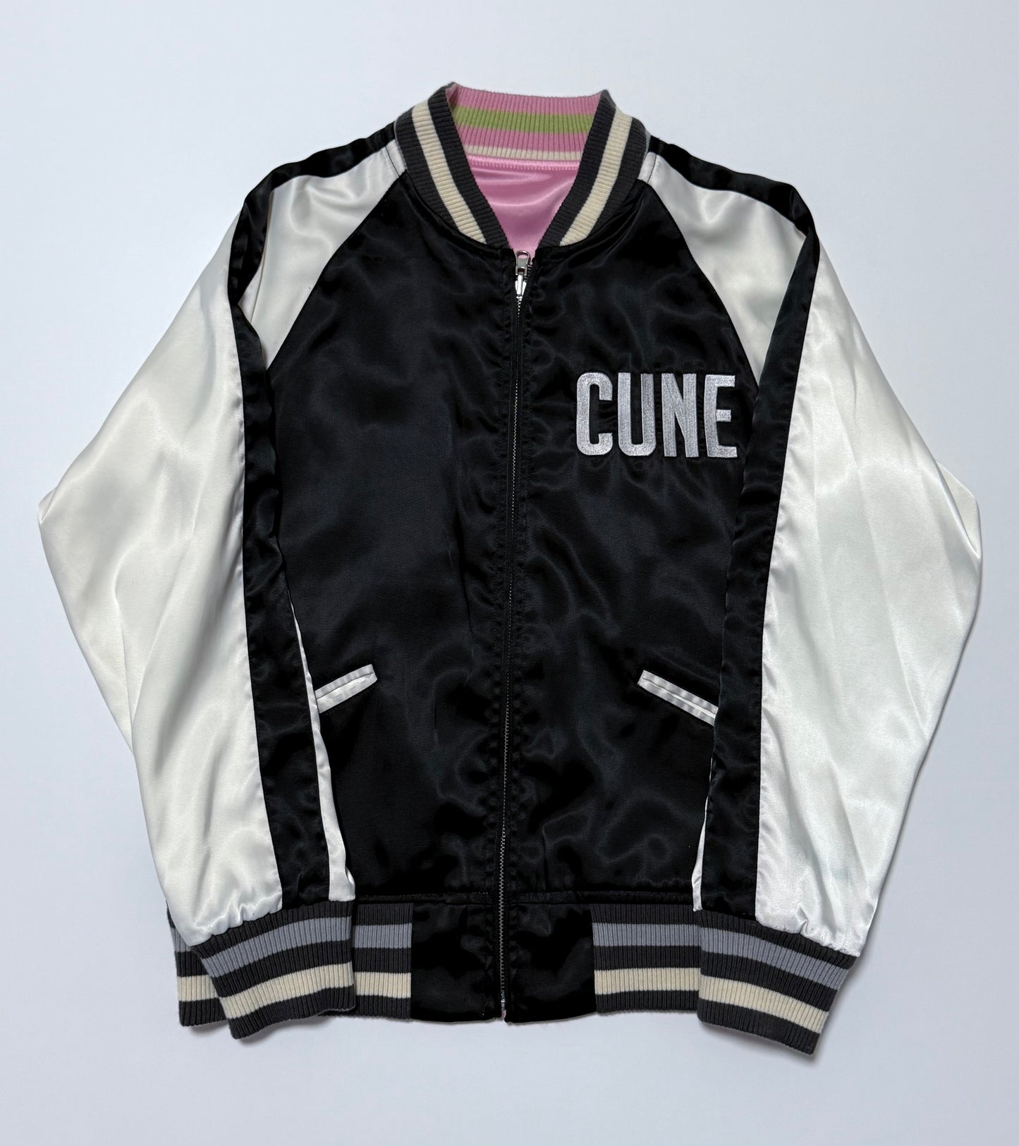 Vintage CUNE Reversible Sukajan Jacket Pink Rabbit Skull Roses Revolver Embroidered Japanese Satin Bomber Free Size