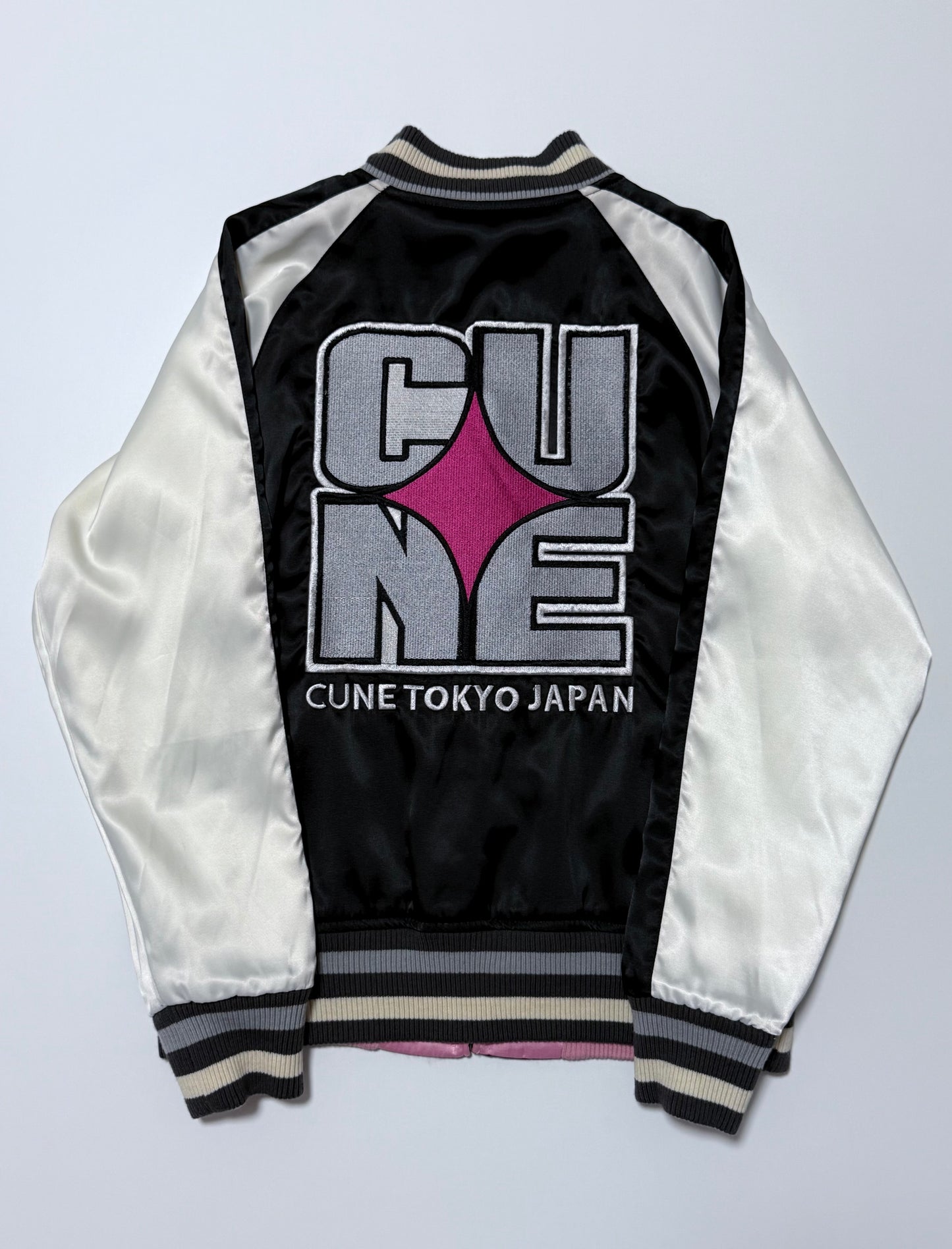 Vintage CUNE Reversible Sukajan Jacket Pink Rabbit Skull Roses Revolver Embroidered Japanese Satin Bomber Free Size