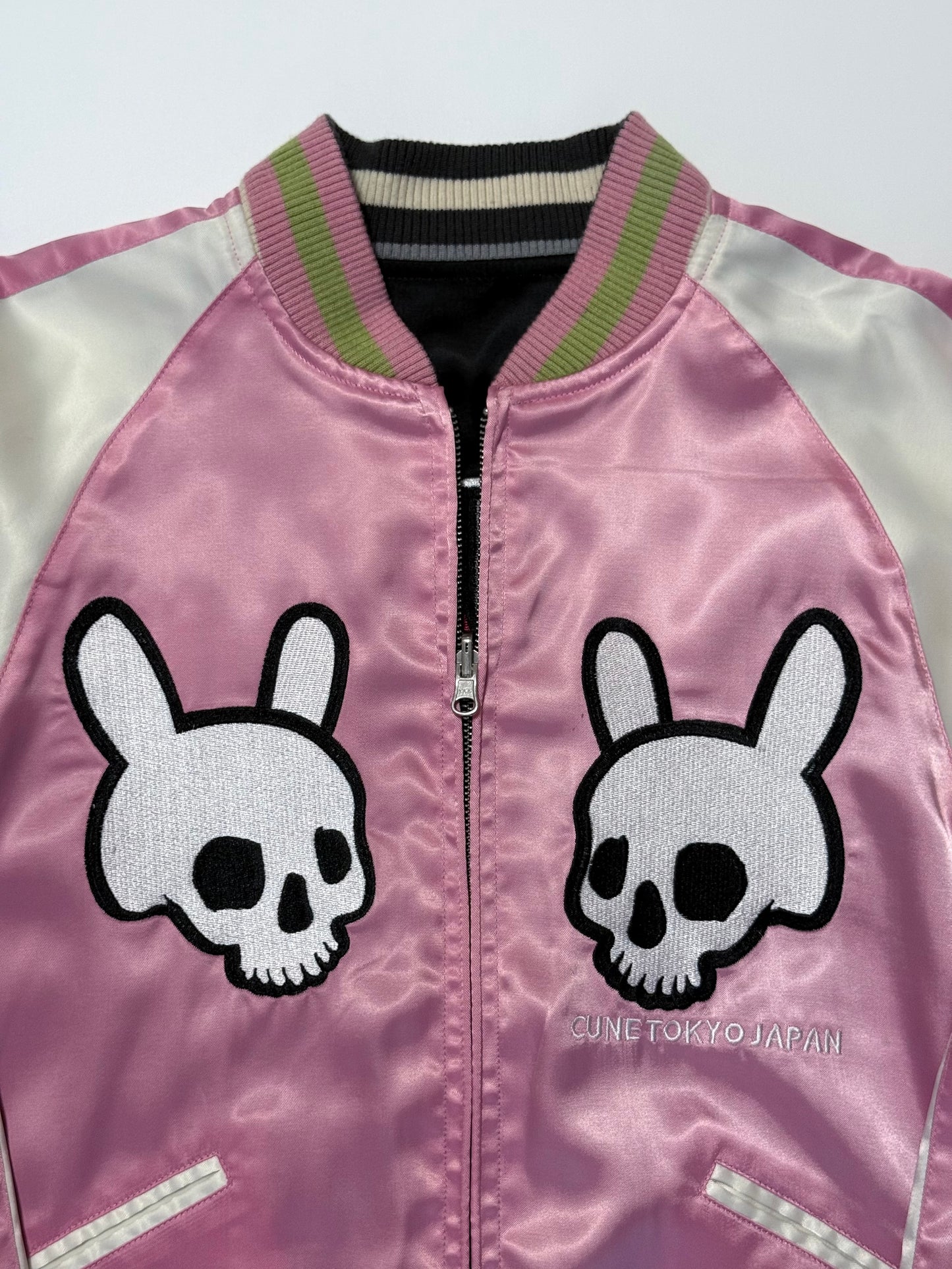 Vintage CUNE Reversible Sukajan Jacket Pink Rabbit Skull Roses Revolver Embroidered Japanese Satin Bomber Free Size