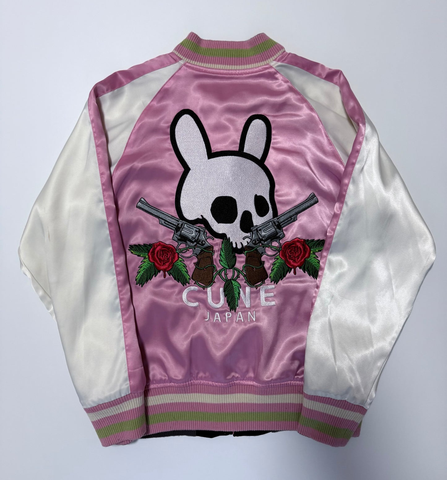 Vintage CUNE Reversible Sukajan Jacket Pink Rabbit Skull Roses Revolver Embroidered Japanese Satin Bomber Free Size