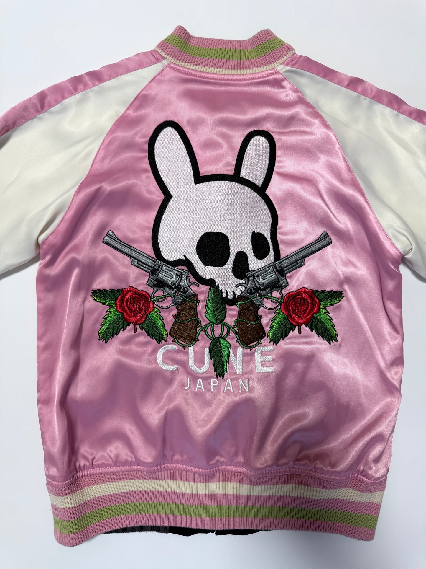 Vintage CUNE Reversible Sukajan Jacket Pink Rabbit Skull Roses Revolver Embroidered Japanese Satin Bomber Free Size