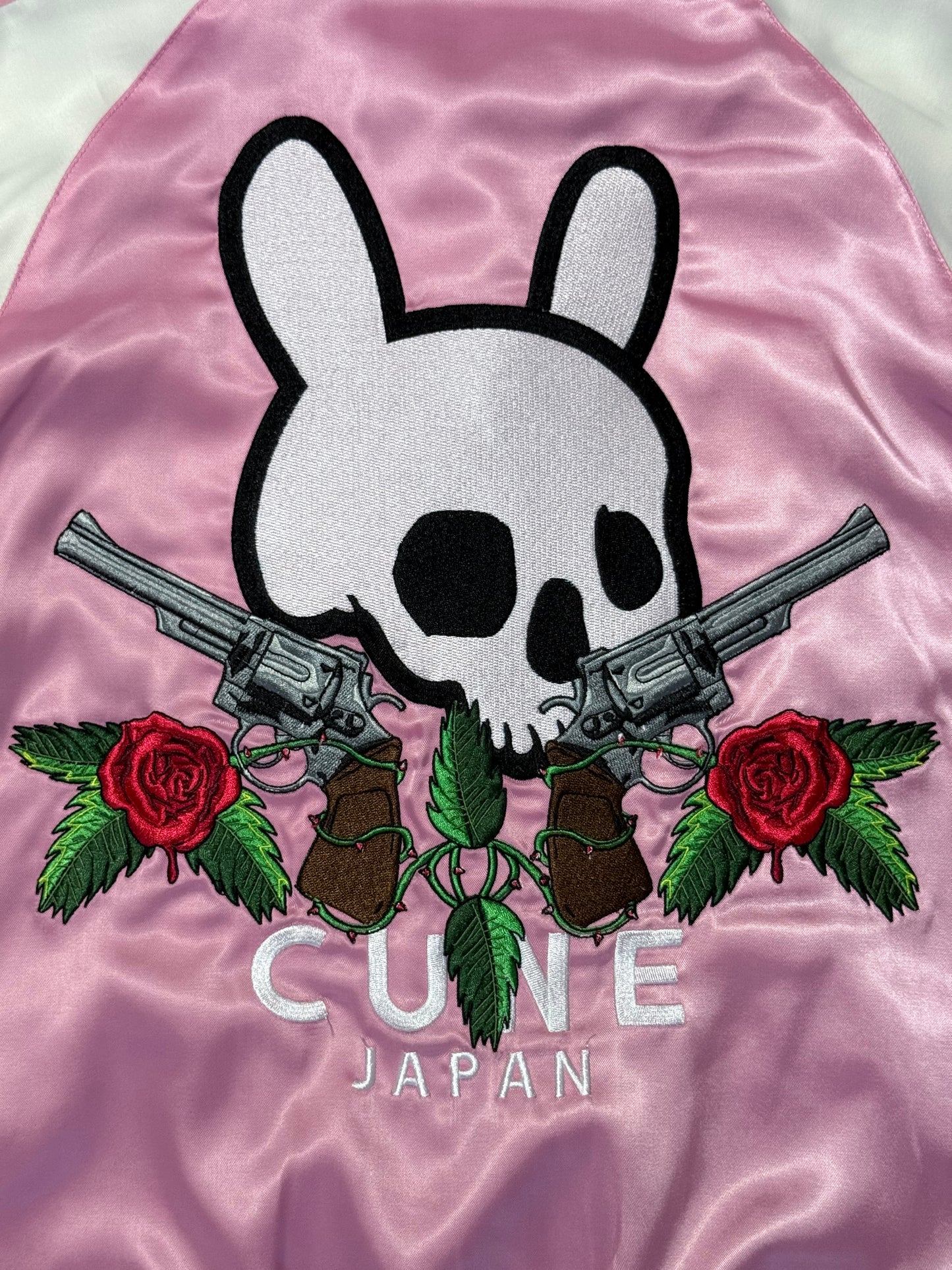 Vintage CUNE Reversible Sukajan Jacket Pink Rabbit Skull Roses Revolver Embroidered Japanese Satin Bomber Free Size
