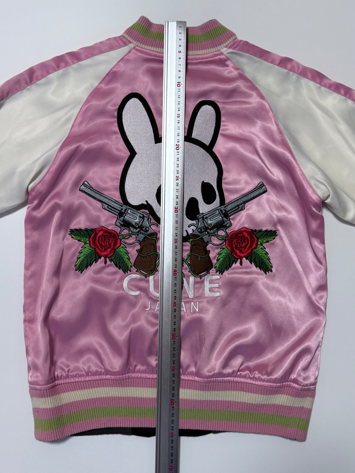 Vintage CUNE Reversible Sukajan Jacket Pink Rabbit Skull Roses Revolver Embroidered Japanese Satin Bomber Free Size