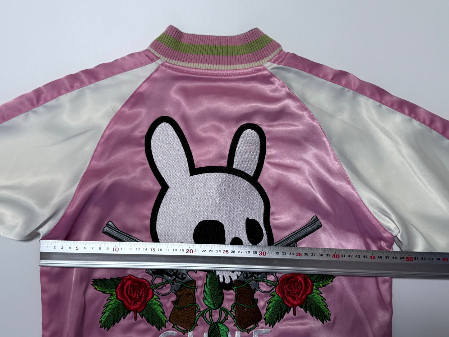 Vintage CUNE Reversible Sukajan Jacket Pink Rabbit Skull Roses Revolver Embroidered Japanese Satin Bomber Free Size