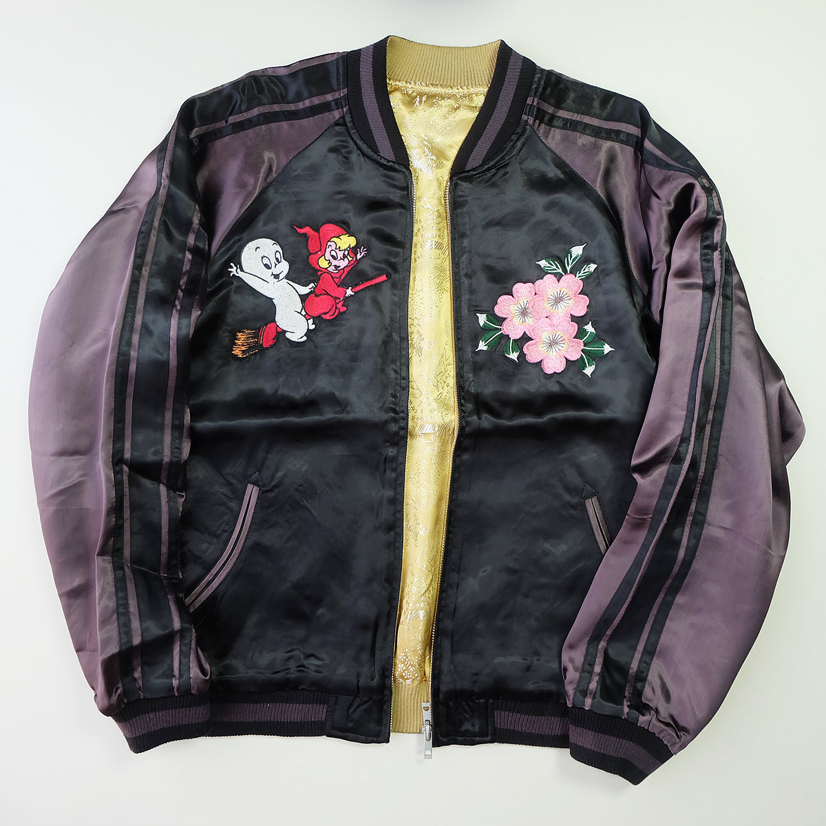Vintage Casper the Friendly Ghost Japan Map Reversible Sukajan Souvenir Jacket | Witch Broom Cherry Blossom Brocade Bomber
