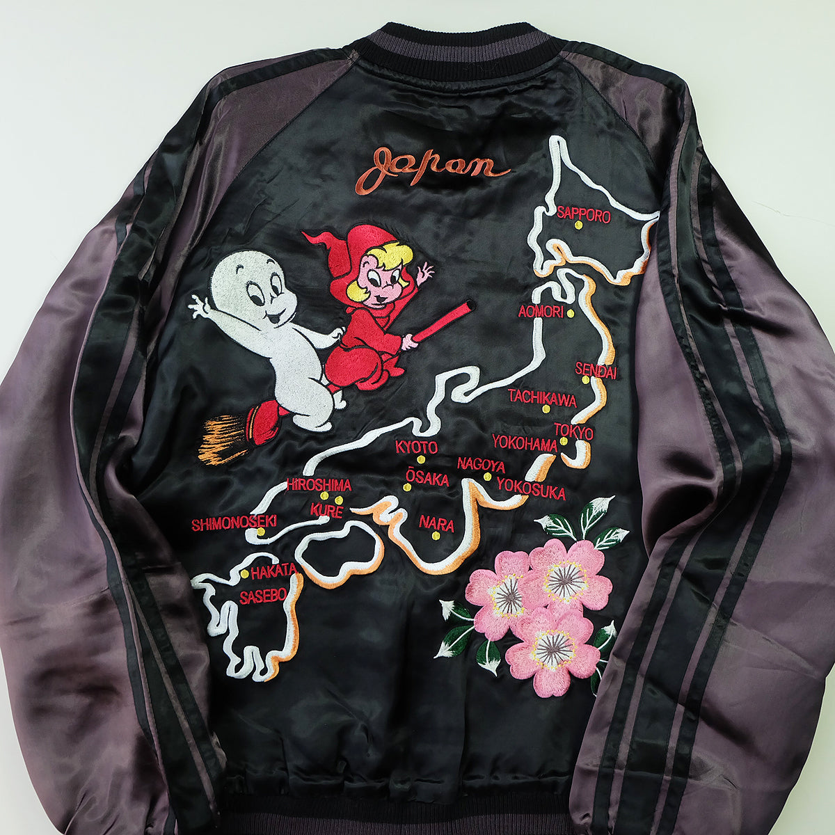 Vintage Casper the Friendly Ghost Japan Map Reversible Sukajan Souvenir Jacket | Witch Broom Cherry Blossom Brocade Bomber