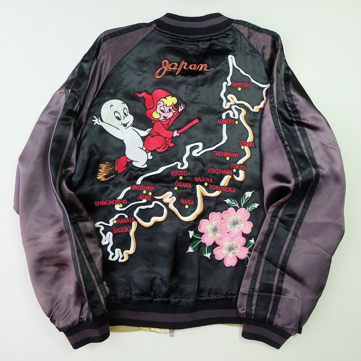 Vintage Casper the Friendly Ghost Japan Map Reversible Sukajan Souvenir Jacket | Witch Broom Cherry Blossom Brocade Bomber