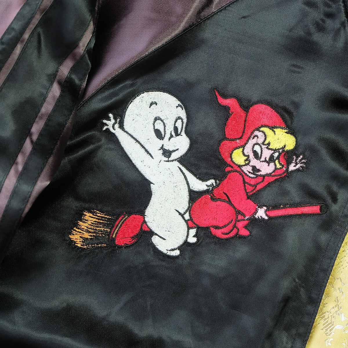 Vintage Casper the Friendly Ghost Japan Map Reversible Sukajan Souvenir Jacket | Witch Broom Cherry Blossom Brocade Bomber