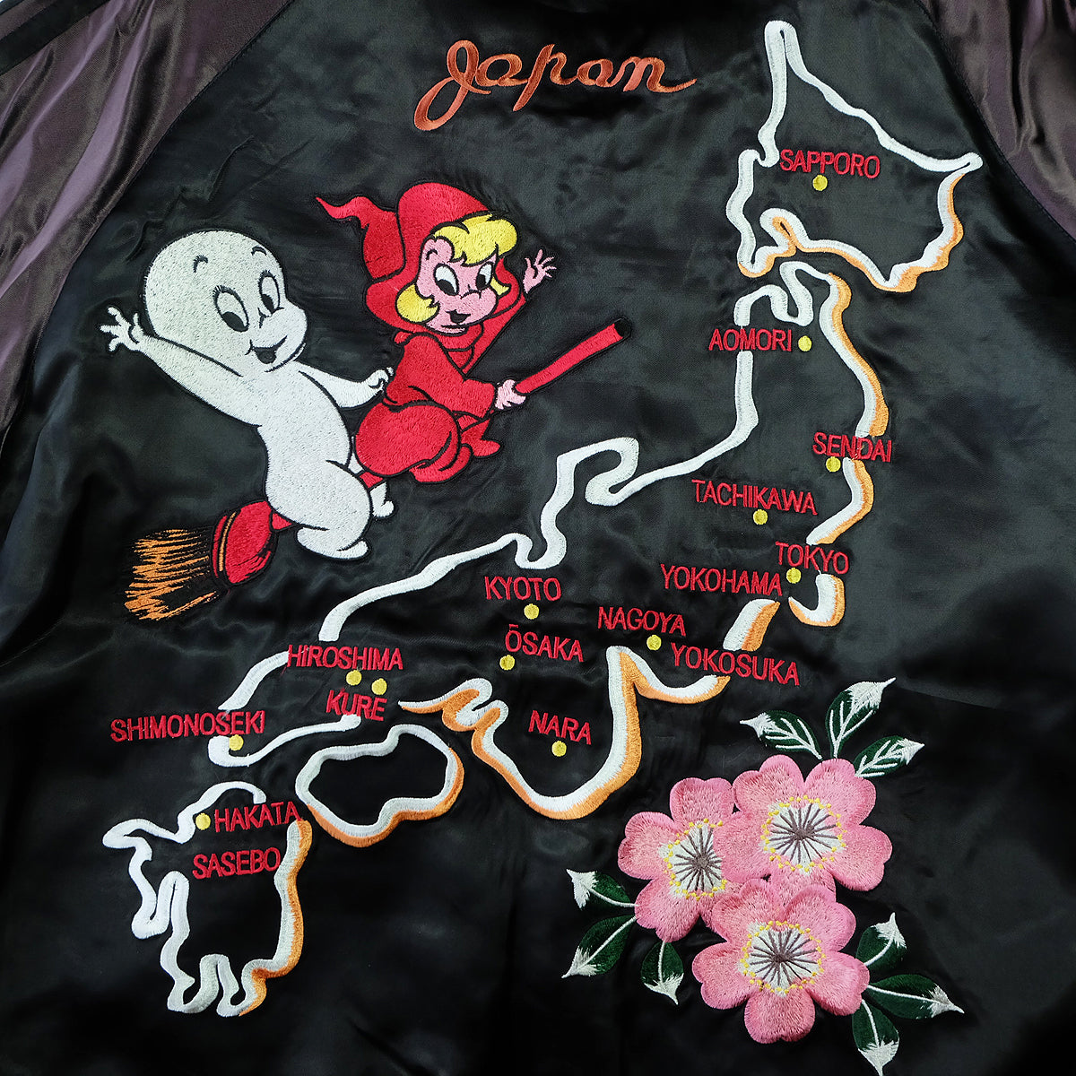 Vintage Casper the Friendly Ghost Japan Map Reversible Sukajan Souvenir Jacket | Witch Broom Cherry Blossom Brocade Bomber