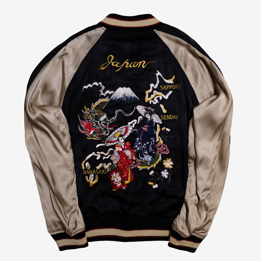 Miyabi Musubi Reversible Sukajan L Japan Map Wisteria Geisha Dragon Embroidered Souvenir Jacket