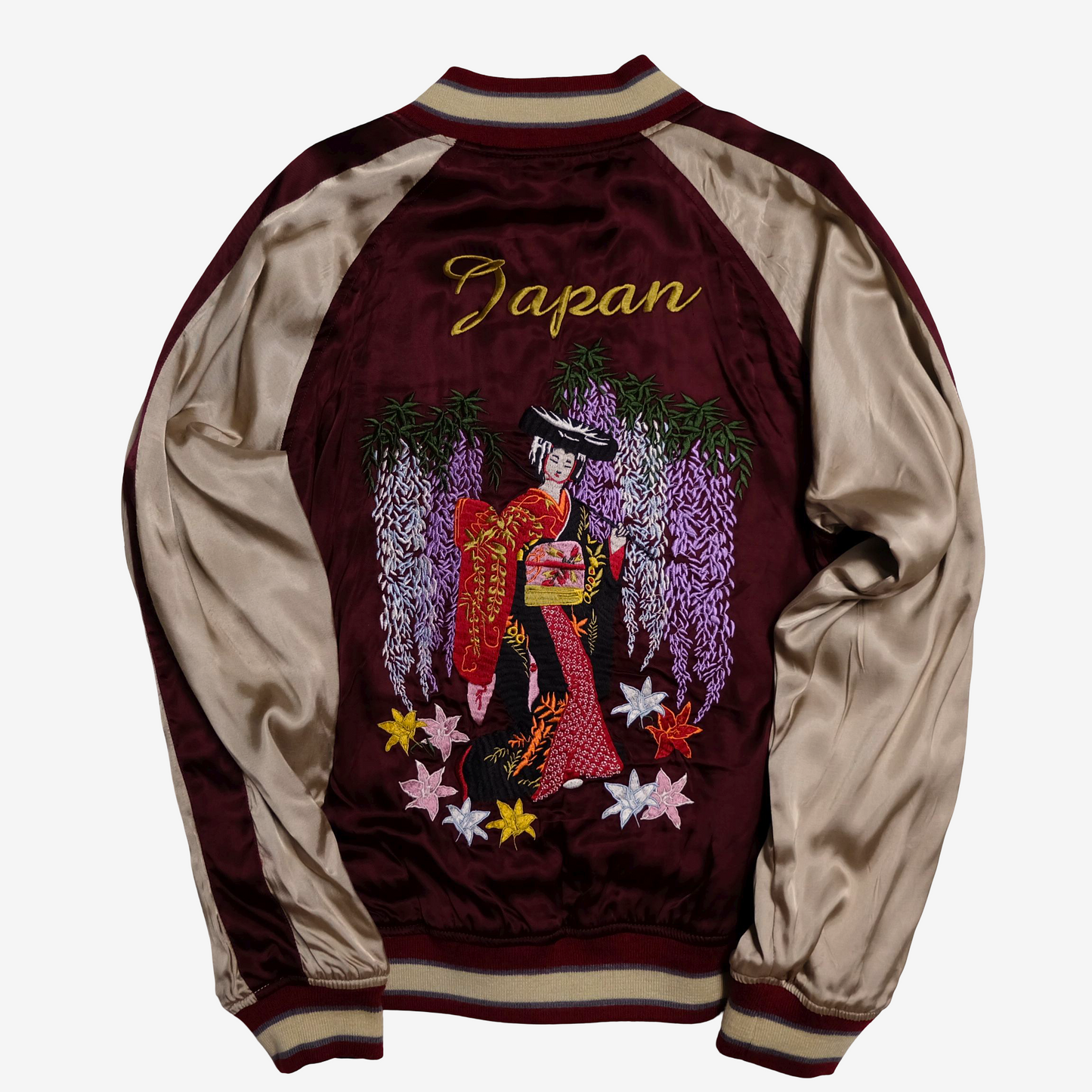 Miyabi Musubi Reversible Sukajan L Japan Map Wisteria Geisha Dragon Embroidered Souvenir Jacket