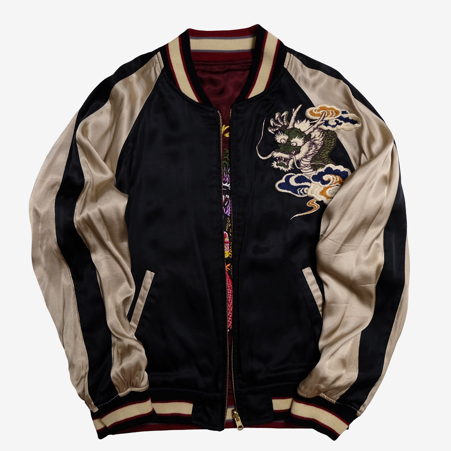 Miyabi Musubi Reversible Sukajan L Japan Map Wisteria Geisha Dragon Embroidered Souvenir Jacket