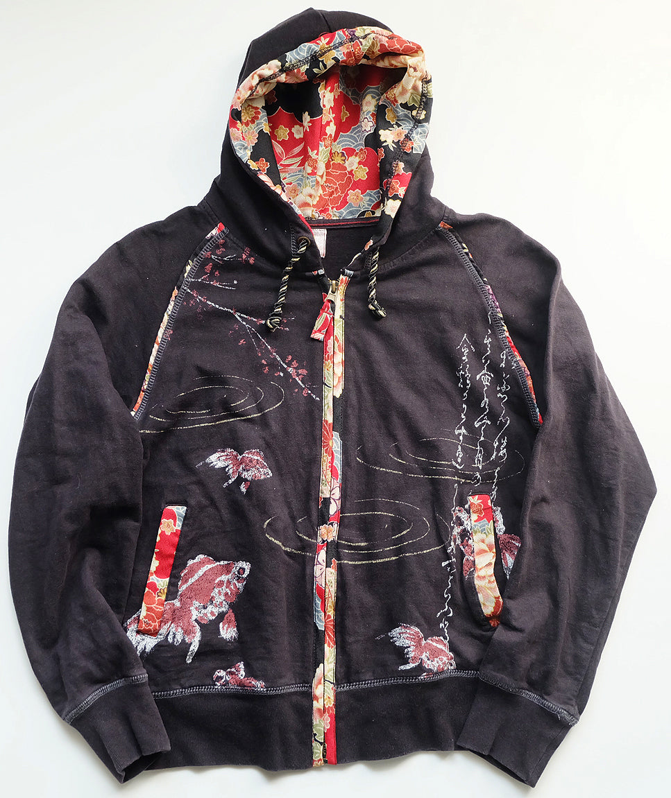 Vintage Wagara Koi Fish Hoodie Japanese Embroidered Zip Up Kimono Fabric Trim Sakura Streetwear Japan Jacket