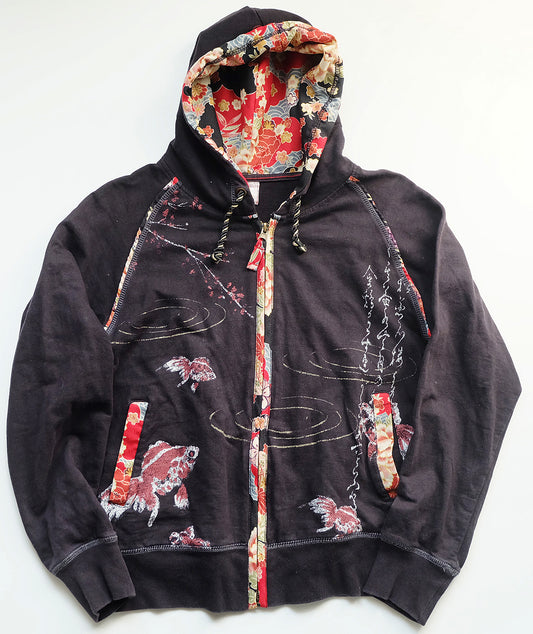 Vintage Wagara Koi Fish Hoodie Japanese Embroidered Zip Up Kimono Fabric Trim Sakura Streetwear Japan Jacket