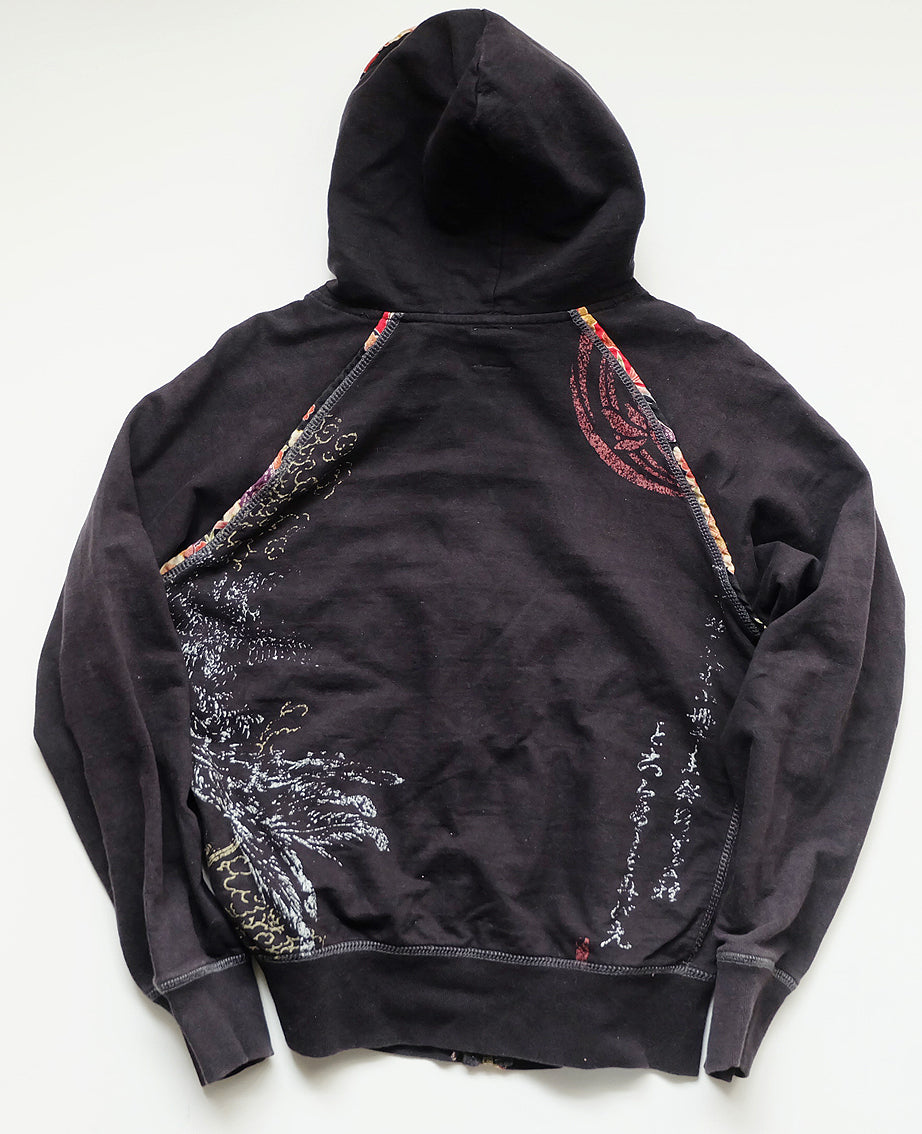 Vintage Wagara Koi Fish Hoodie Japanese Embroidered Zip Up Kimono Fabric Trim Sakura Streetwear Japan Jacket