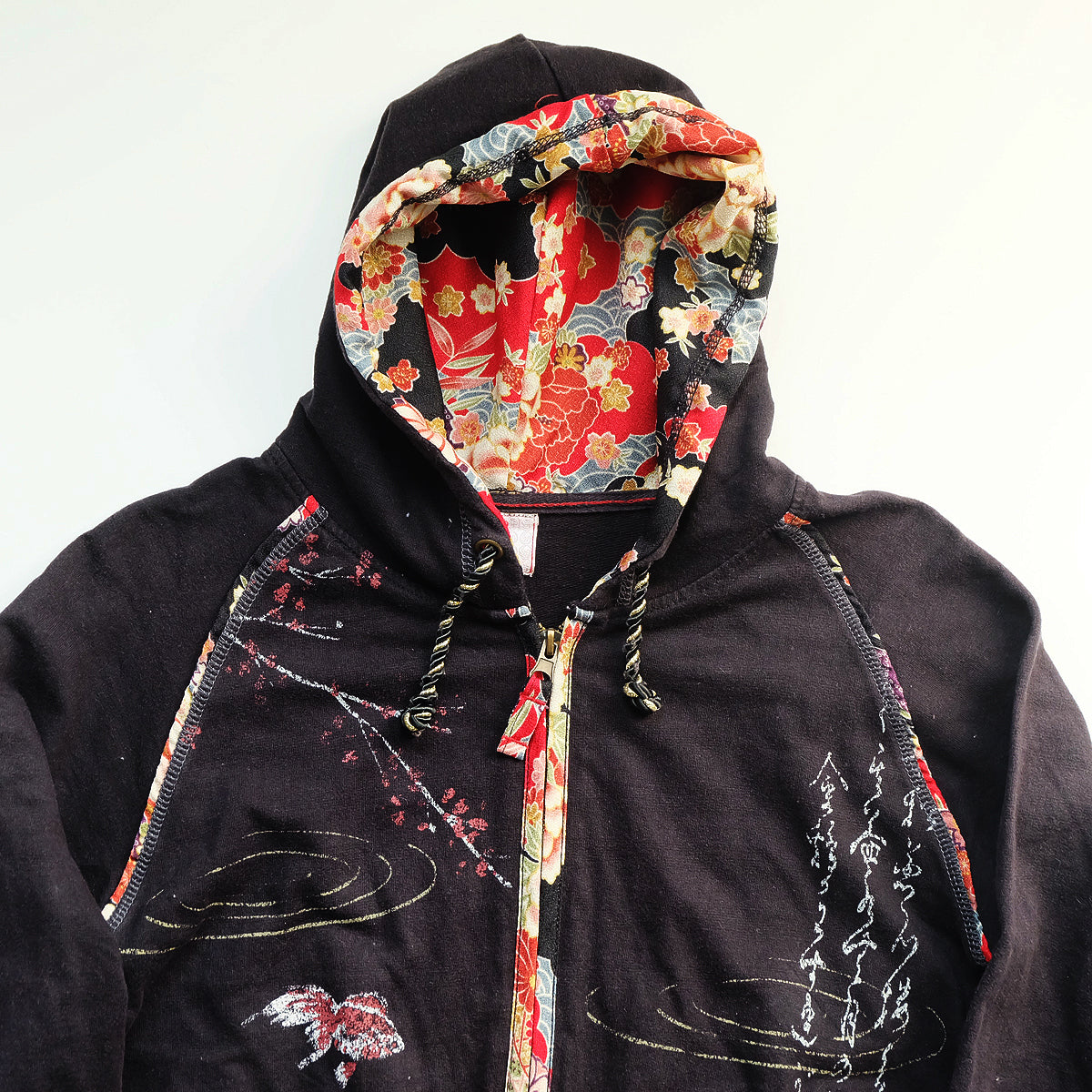 Vintage Wagara Koi Fish Hoodie Japanese Embroidered Zip Up Kimono Fabric Trim Sakura Streetwear Japan Jacket