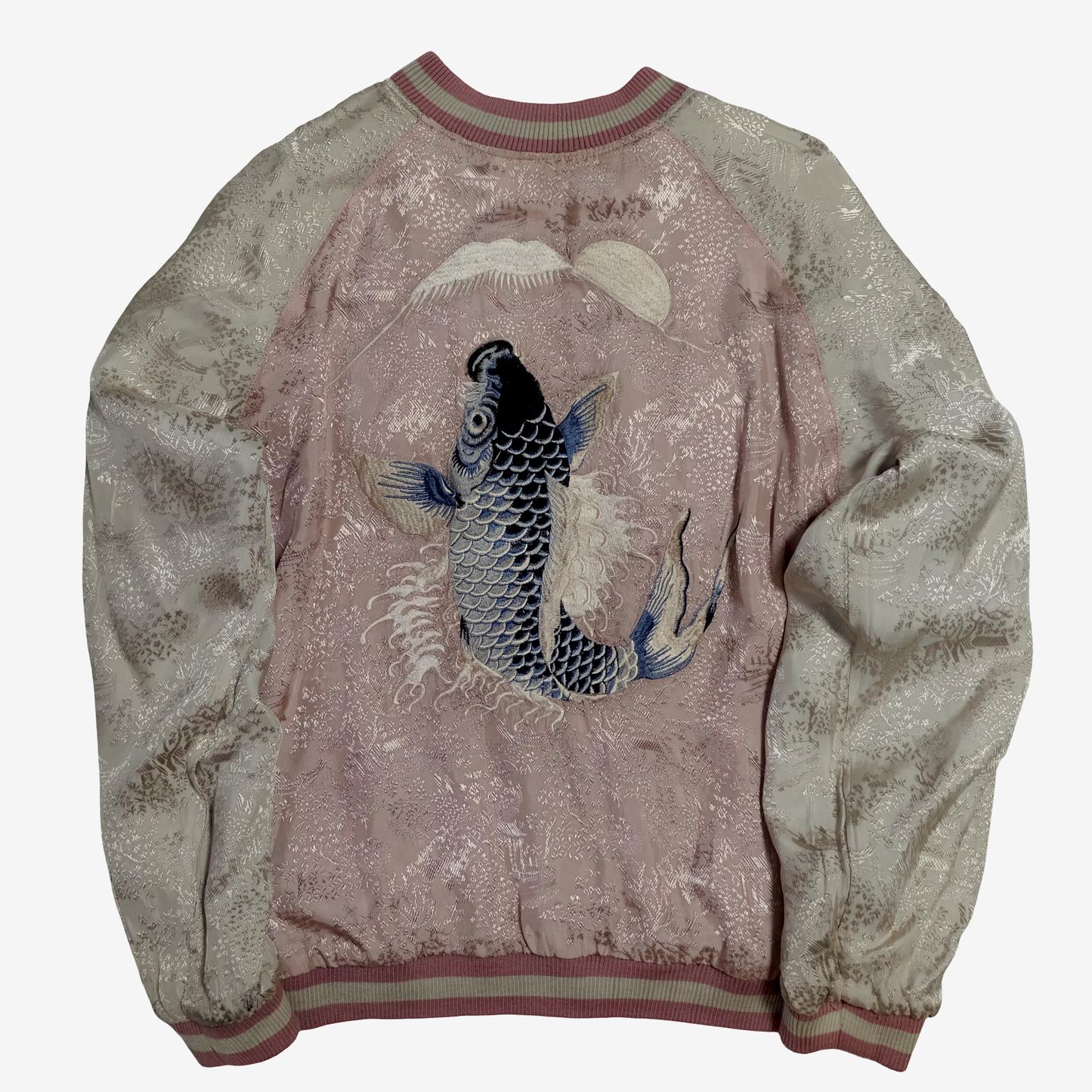 Kawaii Chic Cute Vintage Japanese Sukajan Reversible Jacket – Goldfish & Koi Embroidery, Pink Brocade + Black Velvet Souvenir Jacket Japan