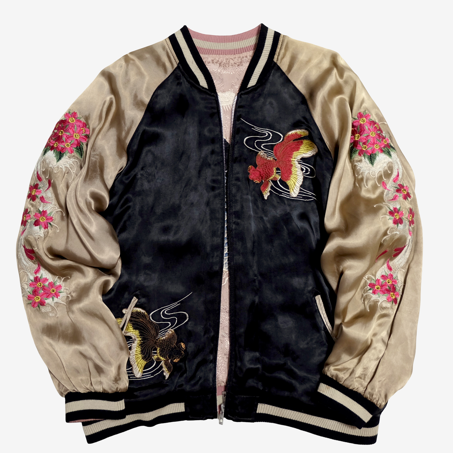 Kawaii Chic Cute Vintage Japanese Sukajan Reversible Jacket – Goldfish & Koi Embroidery, Pink Brocade + Black Velvet Souvenir Jacket Japan