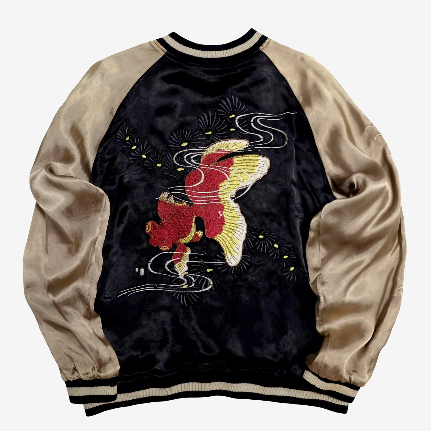 Kawaii Chic Cute Vintage Japanese Sukajan Reversible Jacket – Goldfish & Koi Embroidery, Pink Brocade + Black Velvet Souvenir Jacket Japan