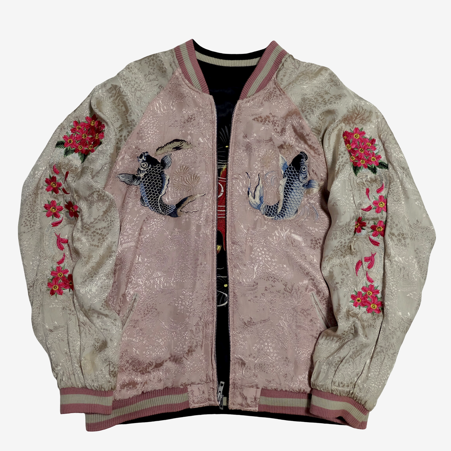 Kawaii Chic Cute Vintage Japanese Sukajan Reversible Jacket – Goldfish & Koi Embroidery, Pink Brocade + Black Velvet Souvenir Jacket Japan