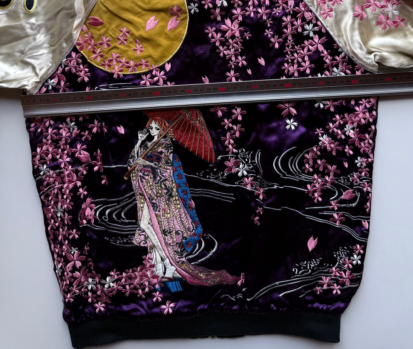 ONE PIECE x Hanatabi Gakudan Nami Reversible Sukajan Jacket L Purple Sakura Moon Embroidered Anime Souvenir Bomber