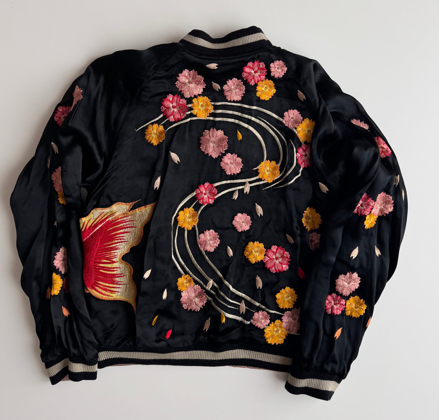Vintage Reversible Sukajan Jacket Goldfish Sakura Embroidery Black Pink Satin Japanese Souvenir Bomber S M