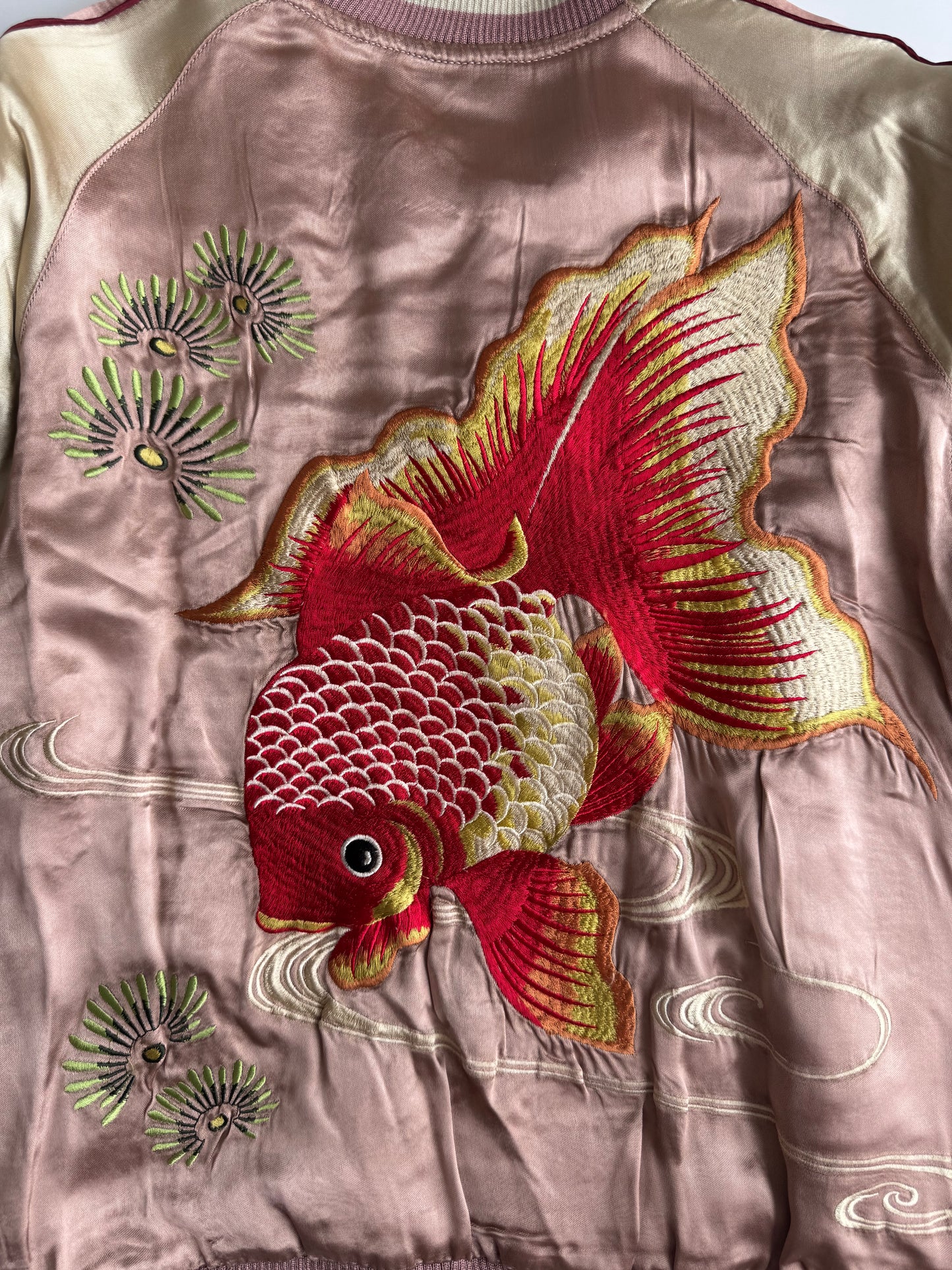 Vintage Reversible Sukajan Jacket Goldfish Sakura Embroidery Black Pink Satin Japanese Souvenir Bomber S M