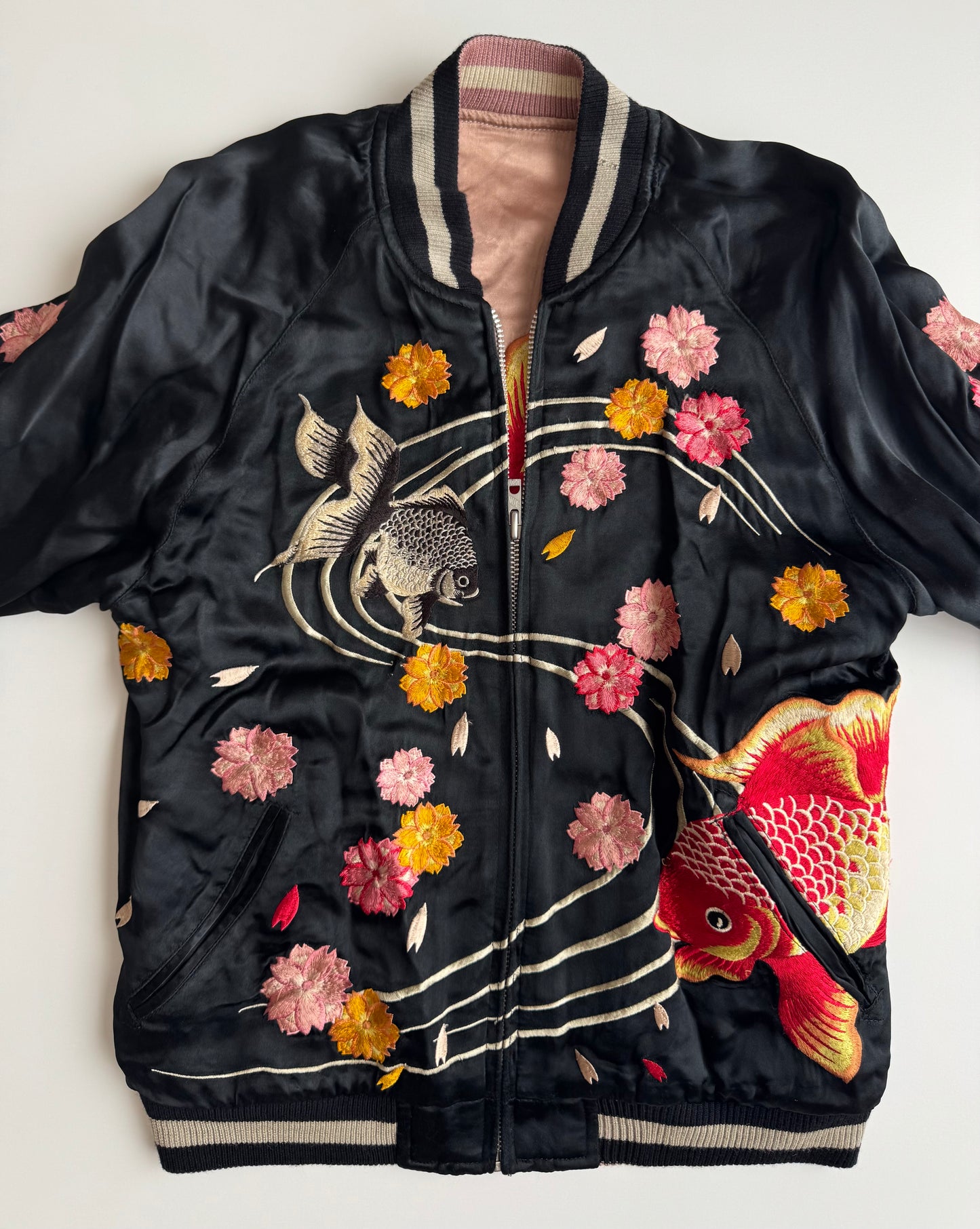 Vintage Reversible Sukajan Jacket Goldfish Sakura Embroidery Black Pink Satin Japanese Souvenir Bomber S M