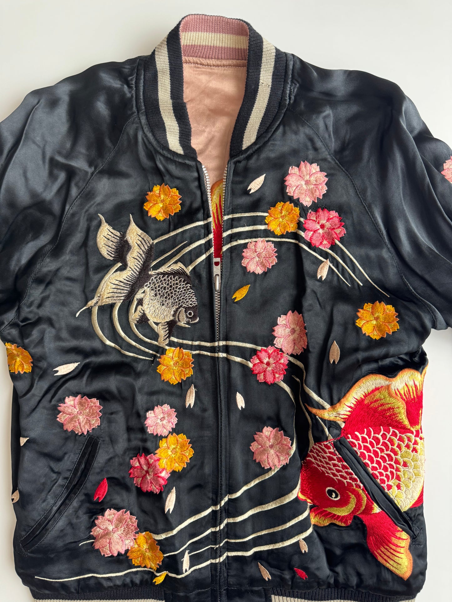 Vintage Reversible Sukajan Jacket Goldfish Sakura Embroidery Black Pink Satin Japanese Souvenir Bomber S M