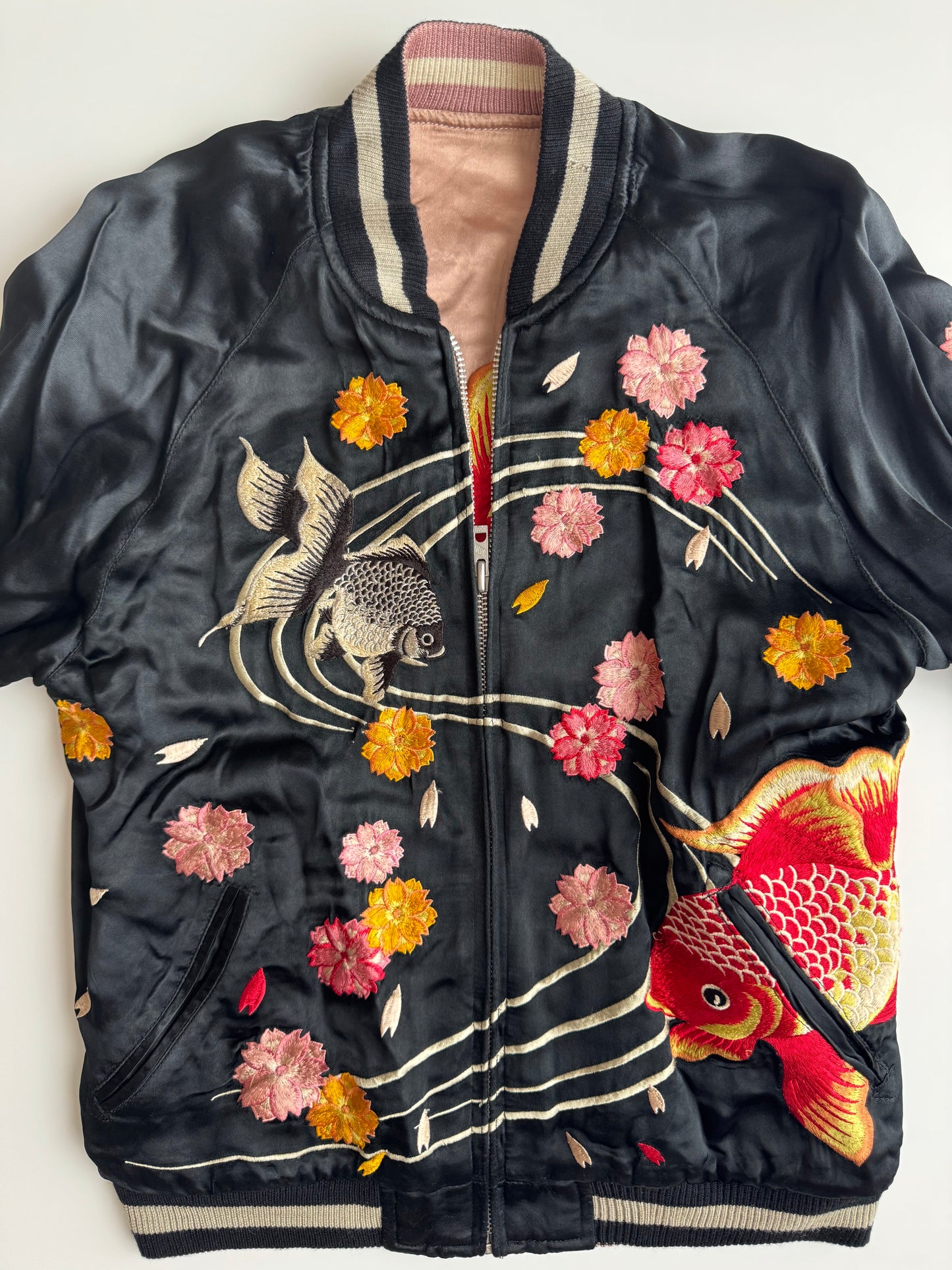 Vintage Reversible Sukajan Jacket Goldfish Sakura Embroidery Black Pink Satin Japanese Souvenir Bomber S M