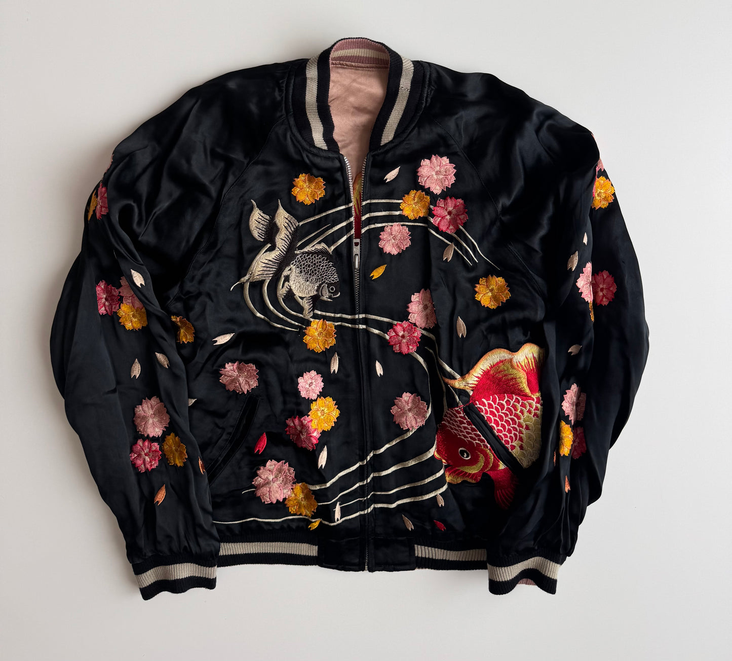 Vintage Reversible Sukajan Jacket Goldfish Sakura Embroidery Black Pink Satin Japanese Souvenir Bomber S M