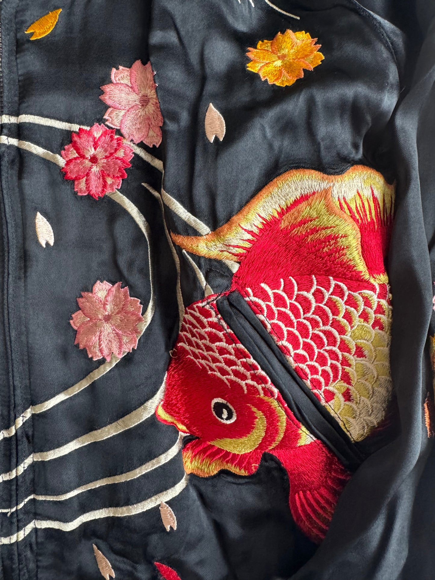 Vintage Reversible Sukajan Jacket Goldfish Sakura Embroidery Black Pink Satin Japanese Souvenir Bomber S M