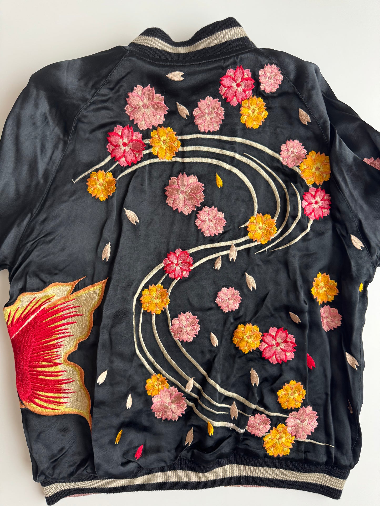 Vintage Reversible Sukajan Jacket Goldfish Sakura Embroidery Black Pink Satin Japanese Souvenir Bomber S M