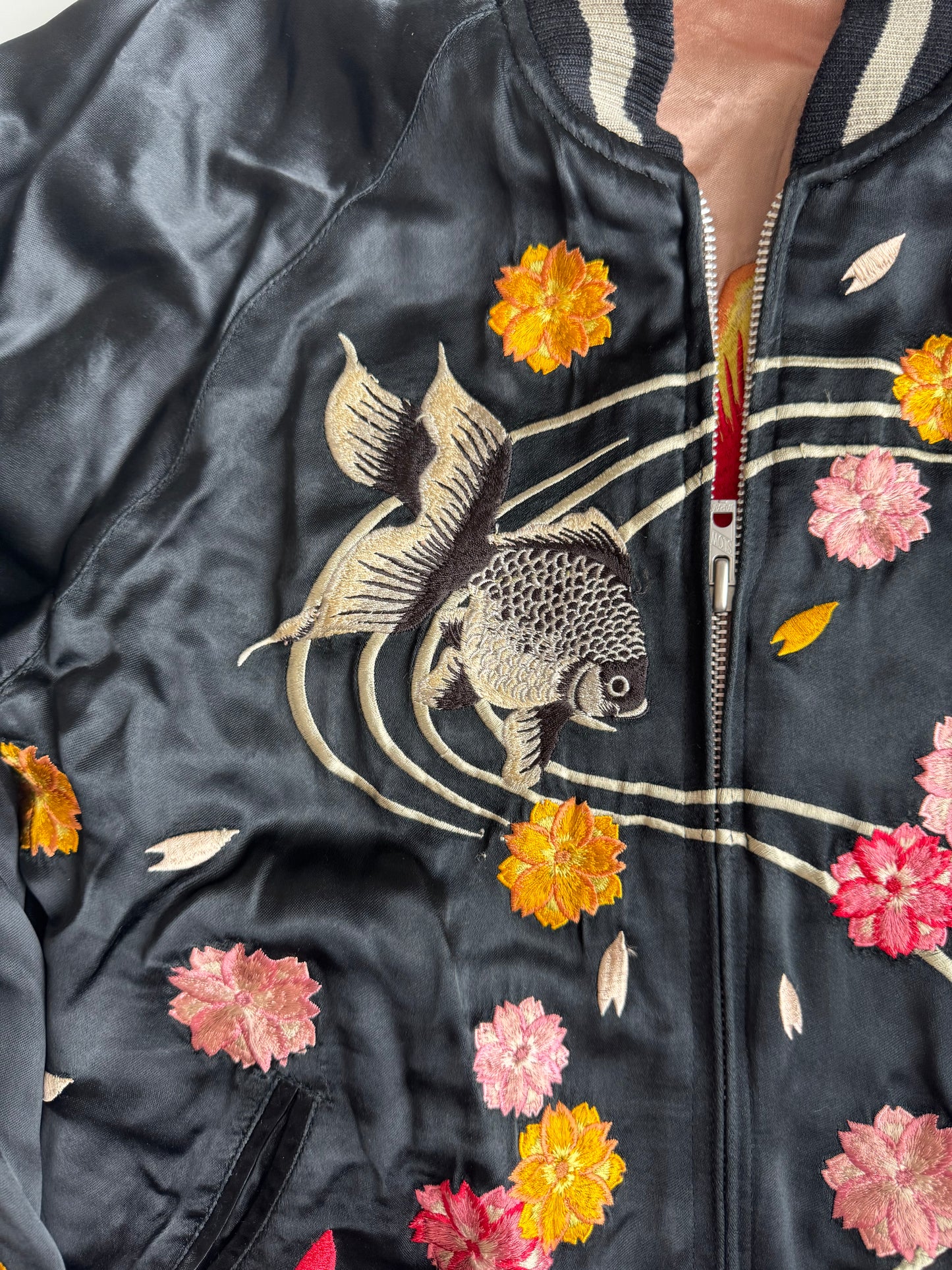 Vintage Reversible Sukajan Jacket Goldfish Sakura Embroidery Black Pink Satin Japanese Souvenir Bomber S M