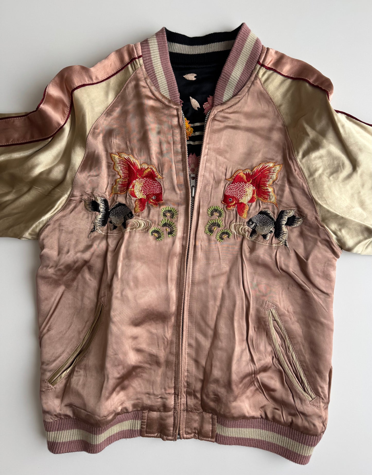 Vintage Reversible Sukajan Jacket Goldfish Sakura Embroidery Black Pink Satin Japanese Souvenir Bomber S M