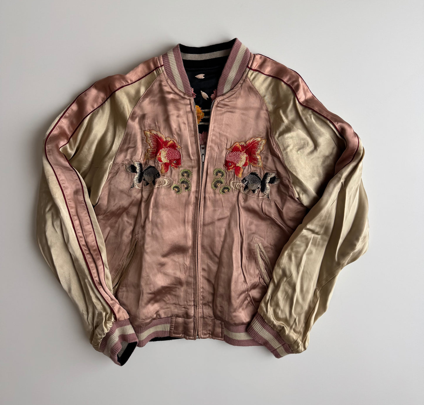 Vintage Reversible Sukajan Jacket Goldfish Sakura Embroidery Black Pink Satin Japanese Souvenir Bomber S M