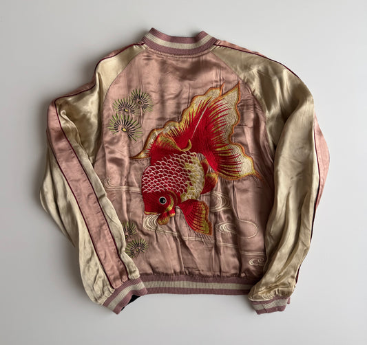 Vintage Reversible Sukajan Jacket Goldfish Sakura Embroidery Black Pink Satin Japanese Souvenir Bomber S M