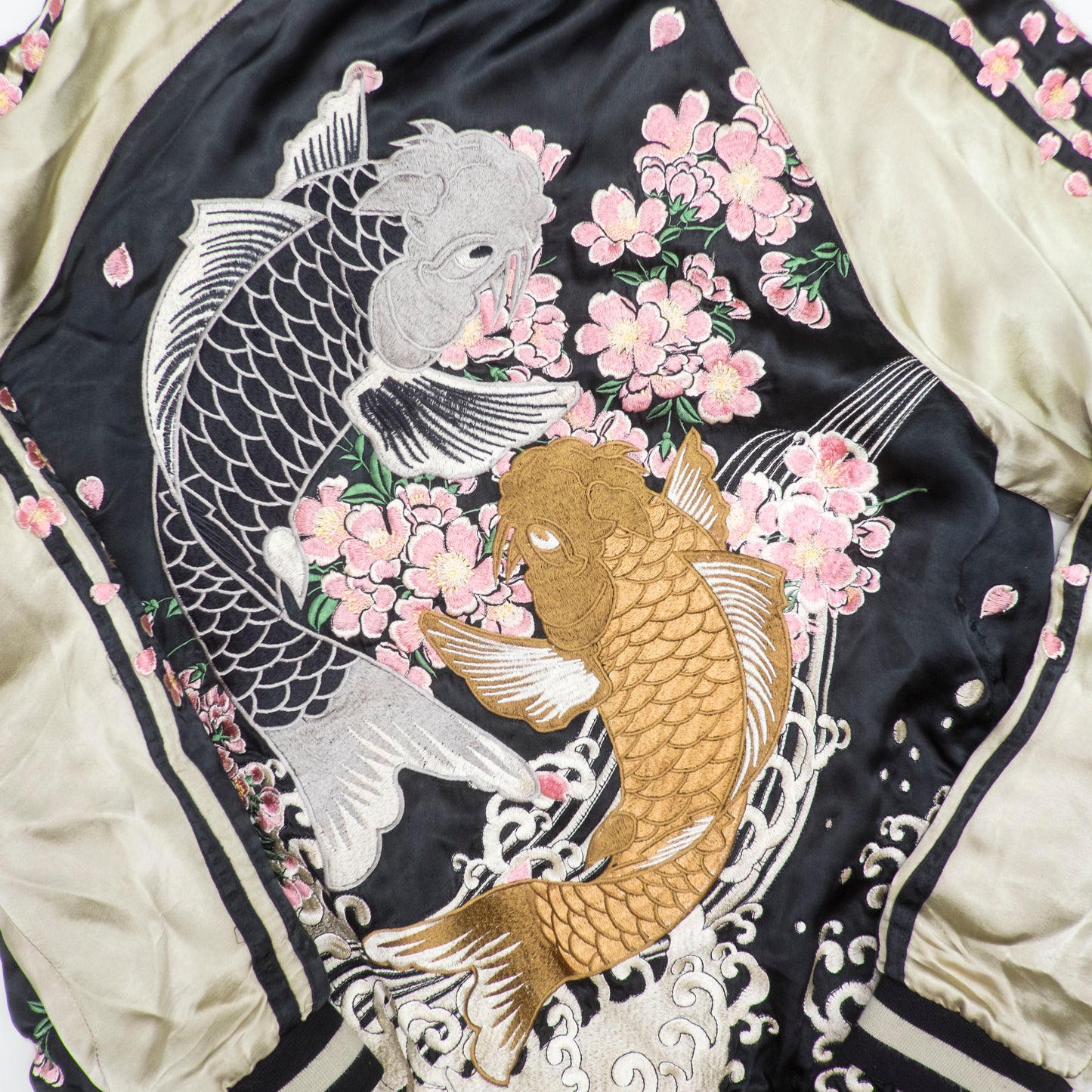 Koto Koto KTJK-023 Nishikigoi Koi Sakura Reversible Sukajan Jacket Black Silver Japanese Rayon Bomber