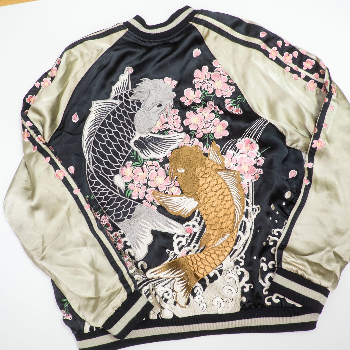 Koto Koto KTJK-023 Nishikigoi Koi Sakura Reversible Sukajan Jacket Black Silver Japanese Rayon Bomber