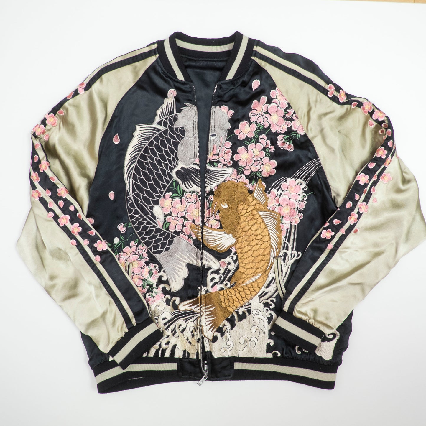 Koto Koto KTJK-023 Nishikigoi Koi Sakura Reversible Sukajan Jacket Black Silver Japanese Rayon Bomber