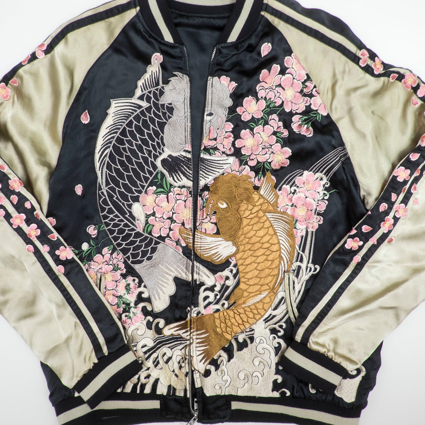 Koto Koto KTJK-023 Nishikigoi Koi Sakura Reversible Sukajan Jacket Black Silver Japanese Rayon Bomber
