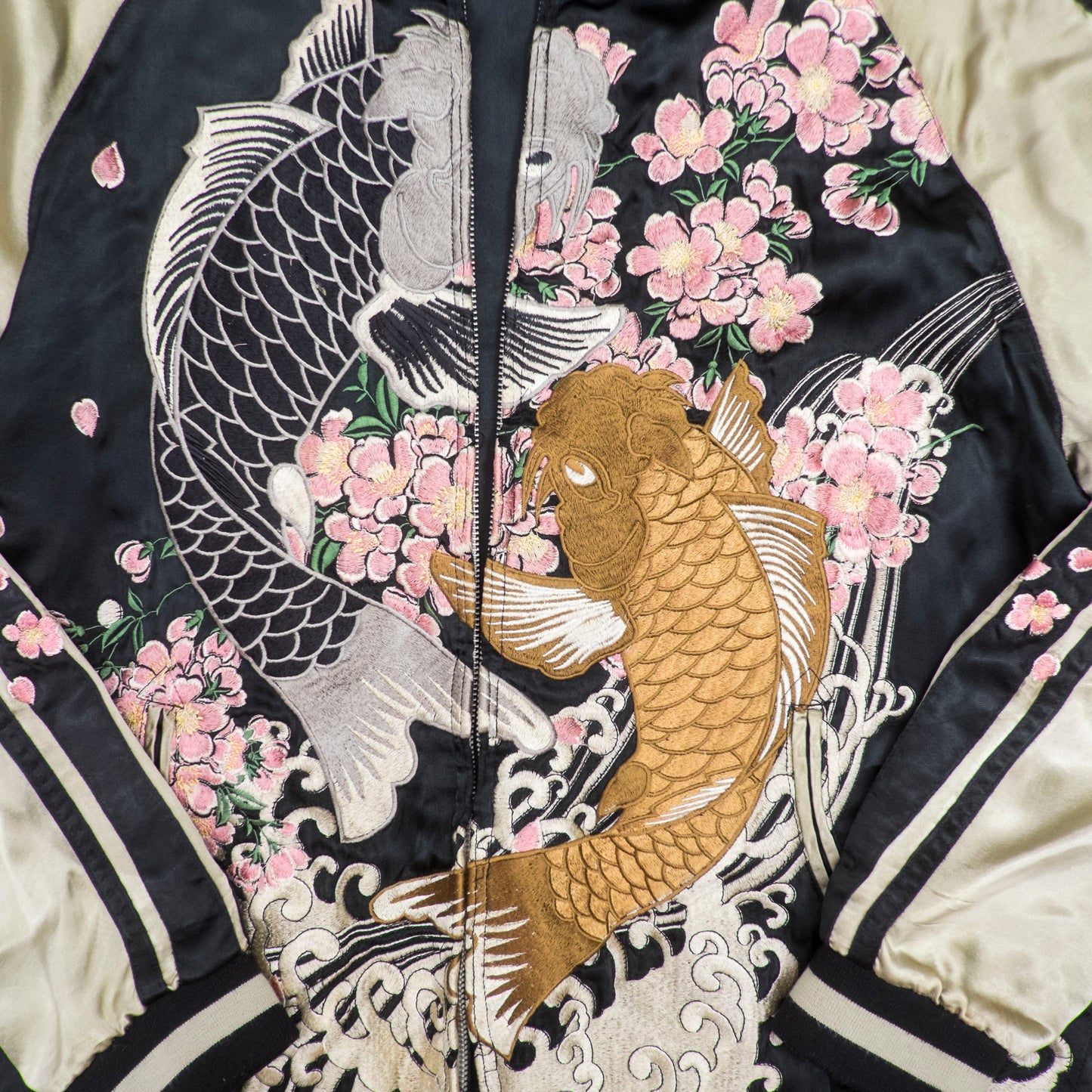 Koto Koto KTJK-023 Nishikigoi Koi Sakura Reversible Sukajan Jacket Black Silver Japanese Rayon Bomber