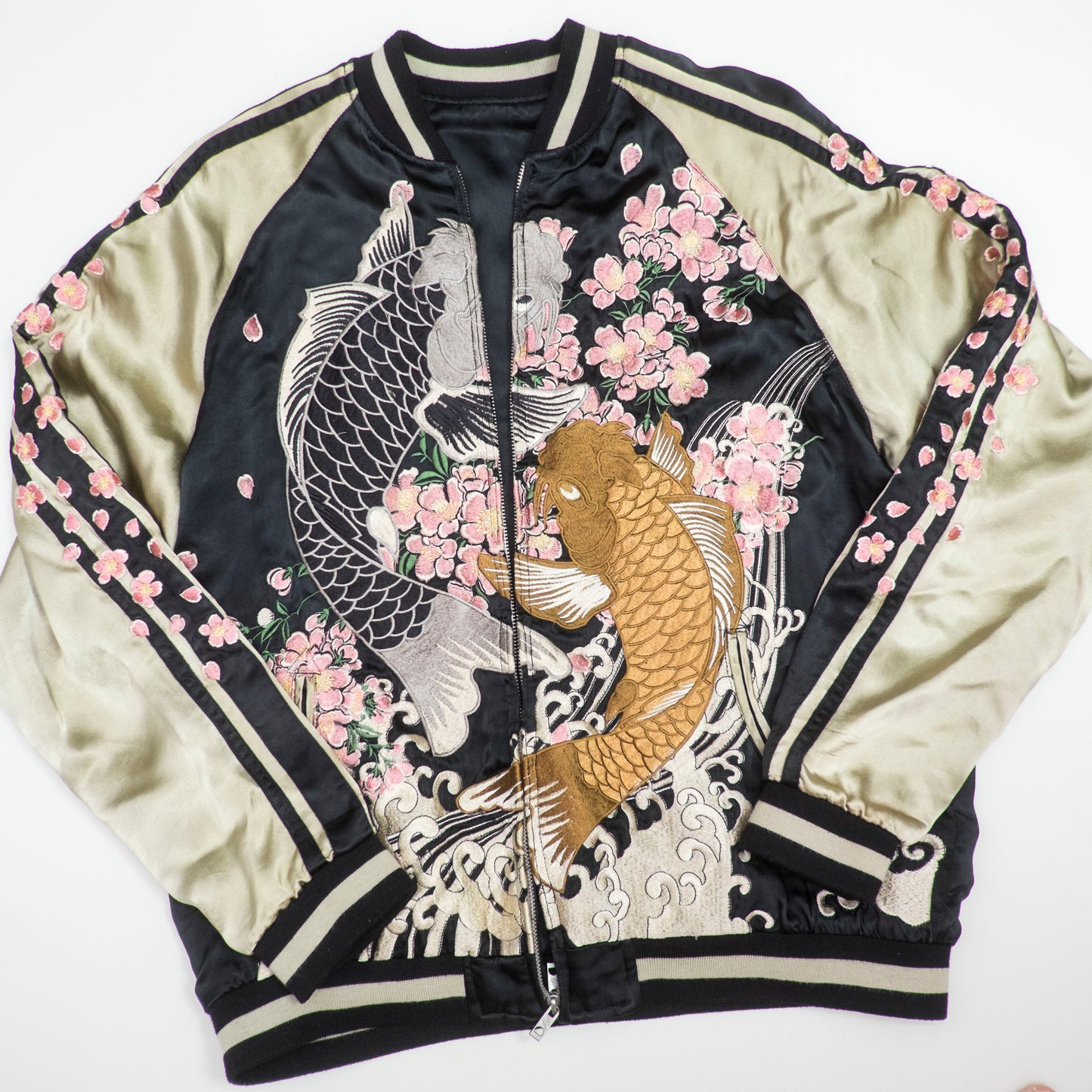 Koto Koto KTJK-023 Nishikigoi Koi Sakura Reversible Sukajan Jacket Black Silver Japanese Rayon Bomber