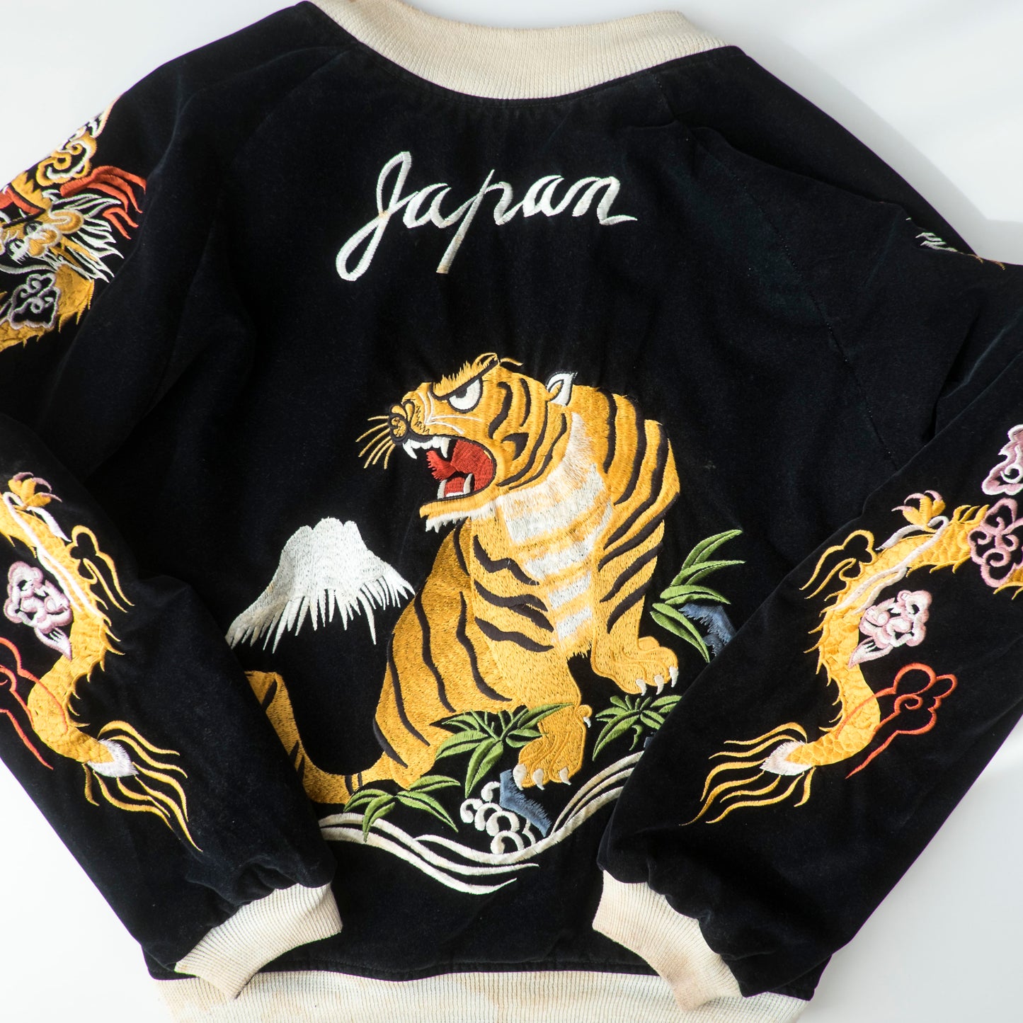 Vintage Reversible Sukajan Tiger Dragon Japan Black Velvet Blue Satin Embroidered Souvenir Bomber Jacket