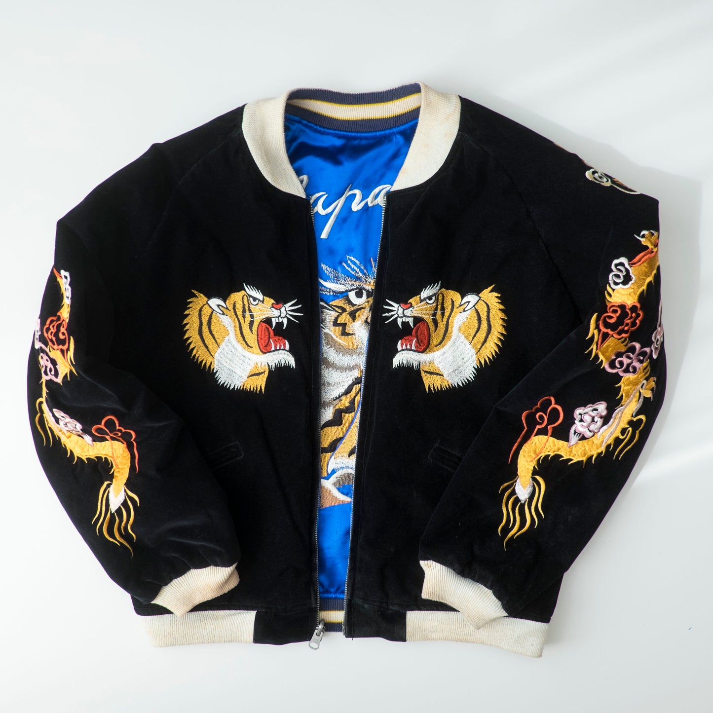 Vintage Reversible Sukajan Tiger Dragon Japan Black Velvet Blue Satin Embroidered Souvenir Bomber Jacket